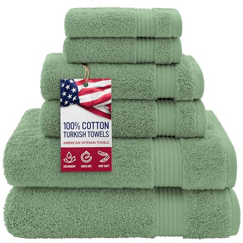 American Veteran Towel, 100% Cotton Turkish 6 Piece Towel Set, Luxury Towels Set of 6 for Bathroom Essentials, 2 Bath Towel 2 Hand Towel 2 Washcloth, Sage Green