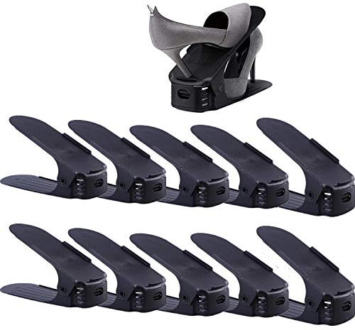 HENGMEI 10er Set Verstellbarer Schuhregal Set Schuhstapler Schuhhalter Schuhorganizer 3 höhenverstellbar, rutschfest, Schwarz