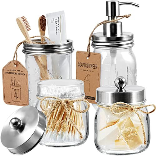 Mason Jar Bathroom Accessories Set(4 Pcs) -Lotion Soap Dispenser & 2 Cotton Swab Holder &Toothbrush Holder-Rustic Farmhouse Decor ,Countertop Vanity Organize,Bathroom Home Decor (Brushed Nickel)