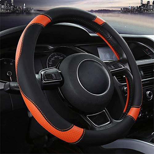 Universal Auto Lenkradhülle Lenkrad Abdeckung Heavy Duty Lenkradbezug aus echtes Leder 37-38CM / 15'' Anti Rutsch Lenkradabdeckung Lenkradschoner (Orange)