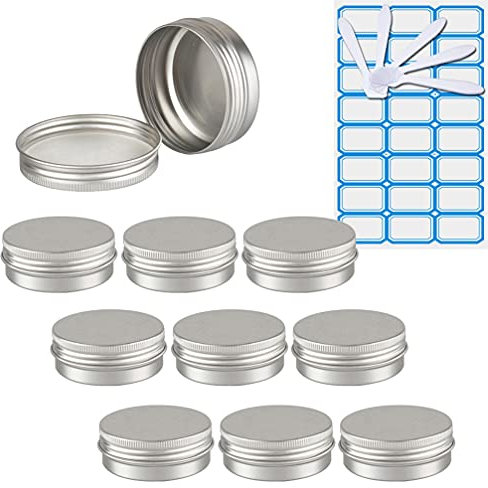 ZEOABSY 10 Pièces 40ml Pots en Aluminium Vide Rond Argent Petit Cosmétiques Pot Conteneurs for Fait Main Bougies Crème Baume Voyage, 5X Spatule, 1x Étiquettes