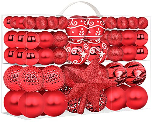 Ultra-Luxury 101-teiliges Weihnachtskugel-Ornament-Set mit Weihnachtsbaumspitze, bruchsichere Weihnachtskugeln, entworfen in Italien, Mini-Weihnachtskugeln für Weihnachtsdekoration, Rot