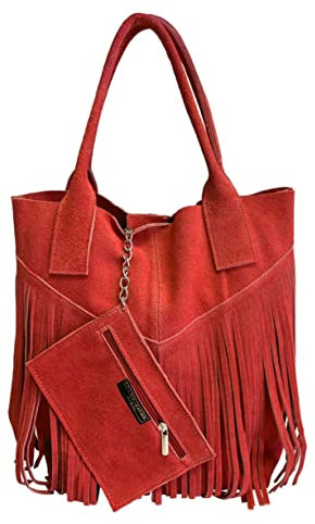 Modarno Borsa shopper da donna in vera pelle scamosciata con frangia più custodia per gioielli dello stesso colore - Borsa a mano - Borsa a spalla (Rosso)