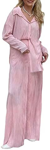 Yassiglia Damen Plissee Zweiteiler Outfit Elegant 2 Teiler Hosenanzug Set Frauen Langarmshirt + High Waist Freizeithose Outfits Sommer Herbst Loungewear Streetwear(Rosa, Small)