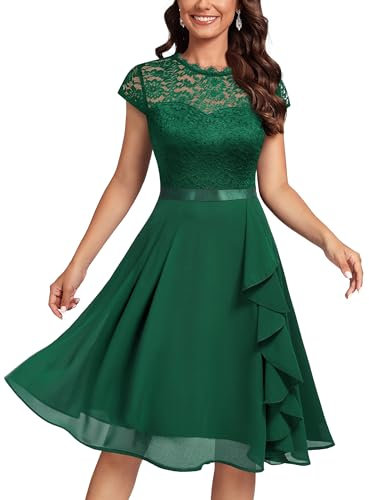MIUSOL Women's Vintage Lace Contrast Chiffon Ruffles Classy Party Flared Swing Dress (X-Large, Dark Green)