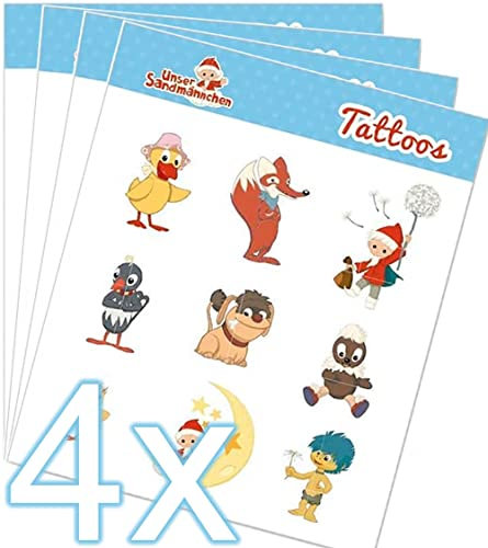 Mega Tattoo Set * UNSER SANDMÄNNCHEN * als Mitgebsel, Geschenk oder zum Spielen | 4 Bögen mit 36 Tattoos | Sandmann Aufkleber Bilder Sticker Kinder Kindergeburtstag Geburtstag