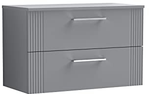 nuie DPF295W Deco Modern Bathroom Wall Hung 2 Drawer Part Fluted Vanity Basin Unit with Worktop, 800mm, Satin Grey