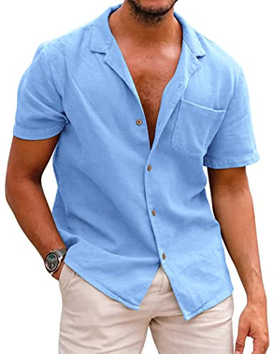 COOFANDY Mens Linen Shirts Cotton Short Sleeve Casual Button Down Summer Beach Grandad Shirt Dark Blue L