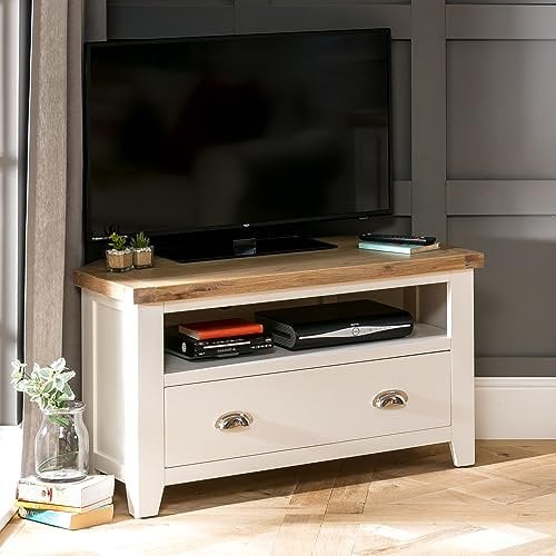 The Furniture Market Cheshire Cream Painted Corner TV Unit - Up to 50 TV Size - 1 Drawer & Open Shelf, Limed Oak Top, Living, Kitchen, Bedroom, No Assembly Required - H 565mm x W 1000mm x D 500mm