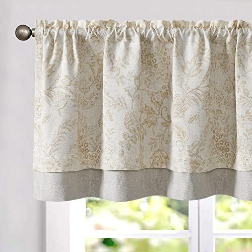 TOPICK Leinen Scheibengardinen 1er Pack Blumen Blickdicht Küchengardinen 125Hx 45B(cm) Frühling Landhausstil Gardinen Verdunkelnd Vorhänge Kurz Bistrogardine Volant Wohnzimmer Fenster Braun auf Beige