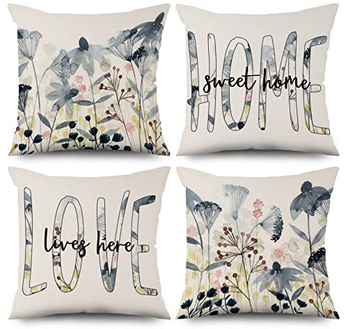 ASDCXZ Frühling Kissenbezug 45x45 cm 4er Set, Frisch Aquarell Blume Muster Blau Sofa Dekokissen Kissenbezüge Kissenhülle Waschbar Polyester Flachs Textil Outdoor Polster Kopfkissenbezug Kissen Bezug