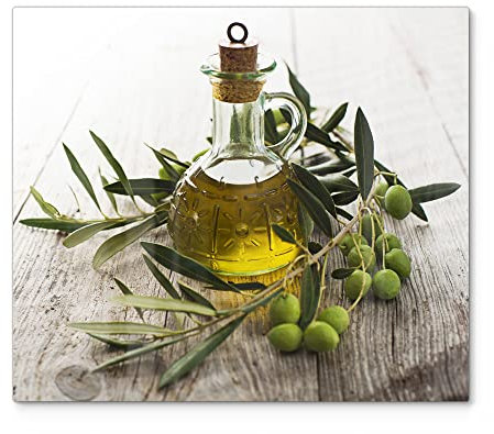 DEQORI Placa protectora de cristal para cocina, 60 x 52 cm, diseño de aceite de oliva con rama de olivo
