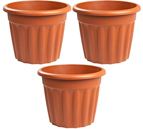 TENLITE [Set of 3] 50cm Terracotta Plastic Round Planters Indoor/Outdoor Plant Pot Lightweight & Weather Resistant Contemporary Style Garden Planters Plant Herb Flower Pot Nursery Pot.