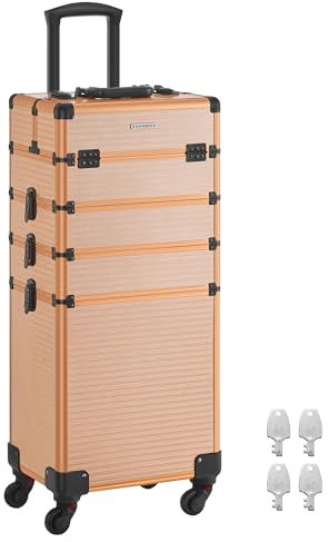 SONGMICS Valise de Maquillage Professionnel 4-en-1, Mallette Cosmétique, XXL, 34 x 24 x 79,3 cm, Verrouillable, Roulettes à 360°, pour Voyages, Manucure, Maquilleur, Coiffure, Doré Champagne JHZ015A01