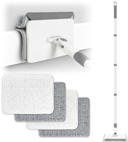 DELUX Baseboard Cleaner Tool with Handle, Baseboard Cleaner with Extendable Long Handle, 4 Reusable Cleaning Pads Wall Cleaner for Baseboards Cleaning, Ceiling, Wall, Floor, Shower Bathroom Kitchen