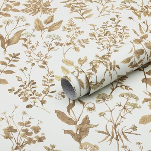 Fiula Peel and Stick Wallpaper Floral Leaf 44CM x 3M Self Adhesive Wallpaper White Decorative Furniture Sticker Removable Vinyl Roll for Furniture Surfaces Wall Living Room Bedroom Light Brown