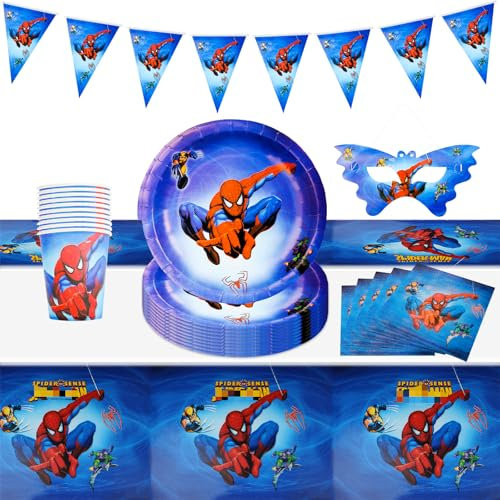 Heartsking Birthday Party Tableware 52 Stück Spider Geburtstag Deko Partygeschirr Set,Geschirrset mit Party Pappteller Becher Servietten Tischdecke Kindergeburtstag Geburtstagsdeko