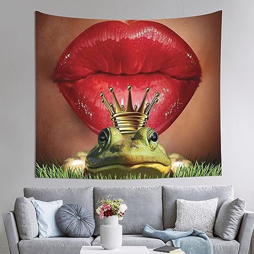 JCAKES Wandteppich mit roten Lippen Getting Ready To Kiss A Frog, Wandbehang (130 x 152 cm), Wandteppich für Schlafzimmer, ästhetischer Wandteppich, lustig, für Wohnzimmer, Schlafzimmer, Büro