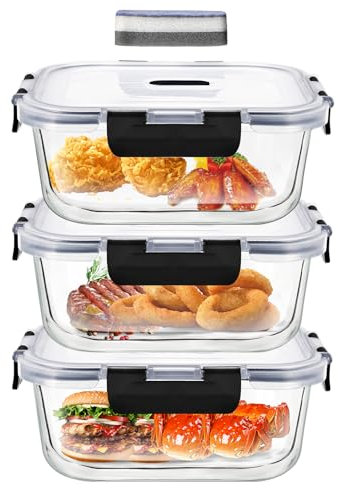 ERUIV Glasbehälter Mit Deckel, 3er-Vorratsdosen Glas, Glasschüssel Mit Deckel-800ml, Frischhaltedosen transparent, Meal Prep Boxen Glas mit Dampfventildeckel, BPA-frei Vorratsdosen Glas Mit Deckel