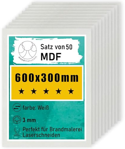 woodmanucom MDF Platten | 600 x 300 x 3 mm | Bastelplatte Dünne Holz-Platten | Perfekt für Laser, CNC Router, Laubsäge, Modellierung (50 Stück weiße)