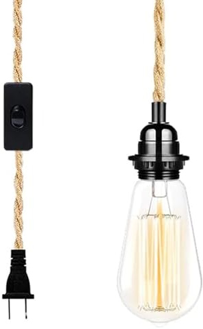 SHIWEIDA Industrial 15ft Pendant Light Cord -Plug in Hanging Light Fixture, 15FT Farmhouse Pendant Lamp Lights Cord with Switch Cord for Kitchen Island Bedroom Living Room