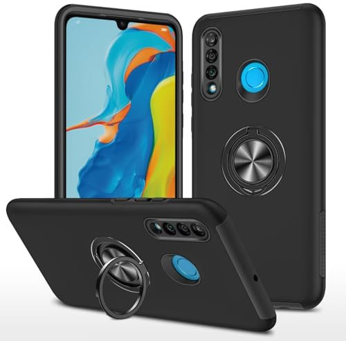 YANJIEER ESONG Handyhülle für Huawei P30 Lite mit Ring Halter,Militärgrad Stoßfeste Handytasche Case,Outdoor Stoßdämpfende Magnetischer dünn Schutzhülle Cover original mit Ständer Schwarz