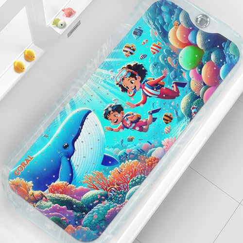XIYUNTE Baby Bath Mats Non Slip Anti Mould - 100x40cm Extra Long Non Slip Bath Mat for Kids, Eco-Friendly Toddler Bath Mat with Suction Cups for Secure Grip, Easy to Clean & Easy Drying, Coral