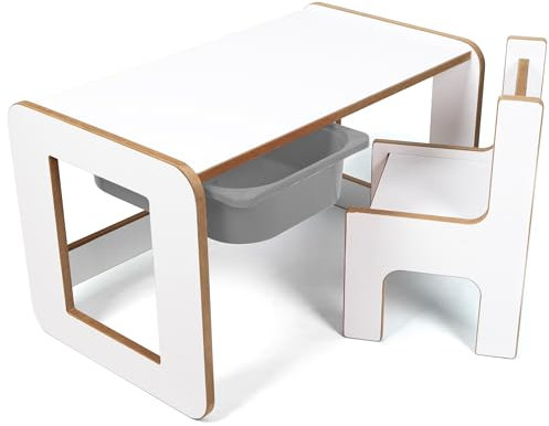 Industrial Living Kindertisch mit grauer Schublade - Spieltisch - Zeichentisch - Kinderschreibtisch mit Stuhl - Aktivitätstisch - Holz - Weiß