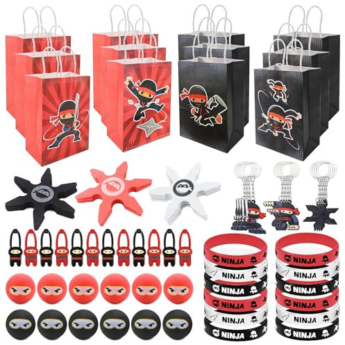TUZHE Ninja Party Mitgebsel Kindergeburtstag 72 Stück - Hüpfbälle, Silikon Armbänder, Fingerschleuder, Geschenketüte, Schlüsselanhänger für Jungen Themed Party