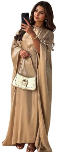 RUIG Women Satin Abaya Dress Islam Muslim Summer Batwing Sleeve Maxi Dress Kaftan Robe Ramadan Clothes Khaki