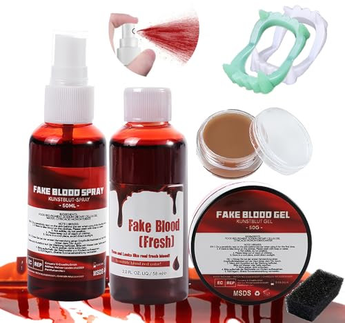 Faux Sang Halloween Lavable 60ml Spray 60ml Liquide 50g Coagulé, Cire Cicatricielle, 2 Dents de Vampire, kit de Maquillage Halloween Effets Spéciaux Hallowen Makeups