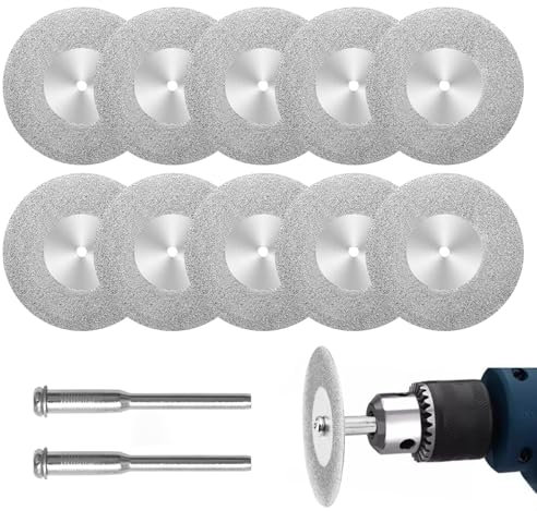 10PCS 40mm Diamond Cutting Discs with 2 Mandrels, Diamond Cutting Wheels Gemstones Glass Cutting Disks Shank Rotary Tool Accessories for Metal Glass Tile Ceramics Wood Porcelain Plastic Stones