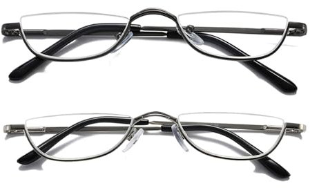 Hubeye 2 Pack Halbmond Lesebrille aus Metall für Damen und Herren Halbrahmen Lesehilfe Ultraleichte Federscharnier Schmal Sehhilfe 1.50