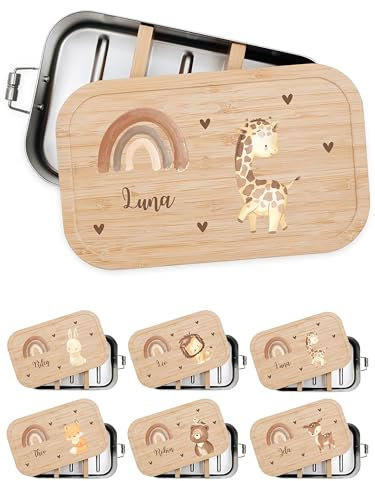 Bärenfreunde® - Personalisierte Brotdose für Kinder mit Spezial-Druck - Robuste Edelstahl Brotdose - Personalisierte Geschenke für Kinder & Erwachsene (Giraffe,GROSS Edelstahl)