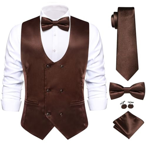 Hi-Tie Herren-Seide, zweireihig, Krawatte, vorgebundene Fliege und Einstecktuch, Manschettenknöpfe, schmale Passform, Hochzeits- oder Business-Smoking, Braun, XX-Large