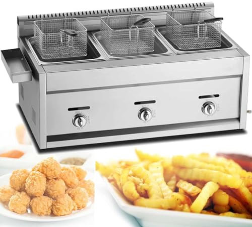 PGKTKCWH Friggitrice a Gas da banco Commerciale con cestello e Coperchio in Acciaio Inox, Grande capacità per Patatine Fritte, Cucina di casa, Ristorante (9l+9l+9l)