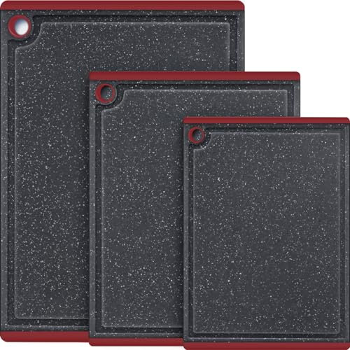 Lot de 3 grandes planches à découper en plastique pour cuisine - Passe au lave-vaisselle - Avec pieds antidérapants et rainures pour jus - Rouge Kikcoin