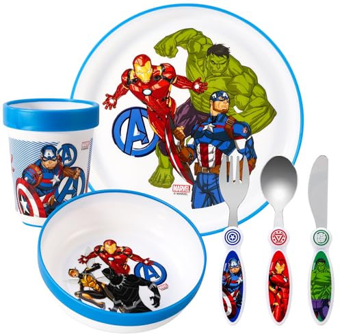 Avengers Kids 6 Piece Reusable Dinner Set - Plate/Bowl/Cup/Knife/Fork/Spoon - Childrens Dinnerware Tableware Cutlery Set