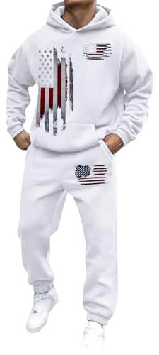Vintage-Trainingsanzug-Set mit amerikanischer Flagge, langärmelig, USA-Flagge, Pullover, Hoodies und Sweatpants, Z01-Weiß, XL