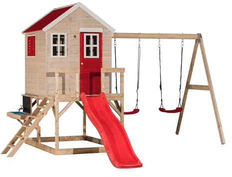 Wendi Toys M28R-K Kids Wooden Playhouse with Kitchen Set and Swing, 340x400x242 cm, Red – Strong Outdoor House for Imaginative Play and Cooking, Fast Setup