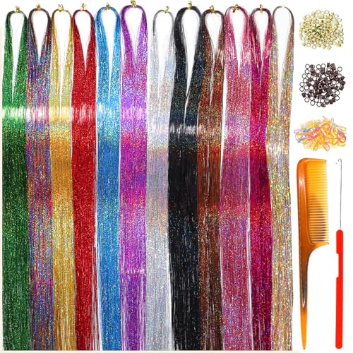 HandWig Hair Tinsel Tools Kit,Fairy Hair Strands for Women & Girls,Easy Apply Hair Highlights for Party, Festival & Daily Use (12 Colors+Tools, 47 Inches)