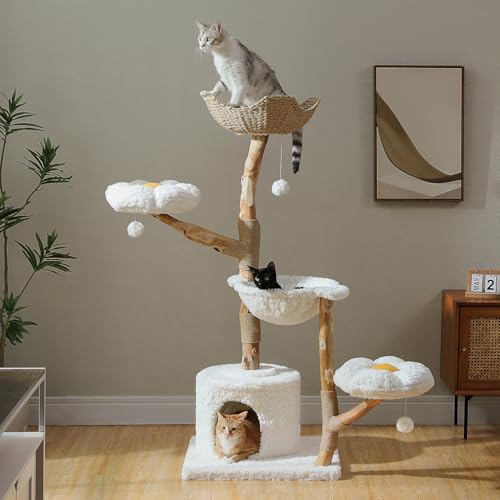 MUTTROS 59 Modern Cat Tree Tower for Large Cats w/2 Flower Perches-Natural Solid Wood Scratching Post with Real Branch-Luxury Boho Cat Furniture w/Condo & Wicker Basket Bed, Cloud White