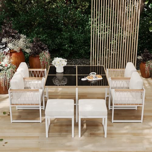 Oslghy Conjunto De Muebles de Jardín 6 Sillas con Mesa, Mesa de Comedor con 6 Sillas Al Aire Libre, Muebles de BalcóN Exterior 7 Set con Cojines CóModos, Grupo de Asientos con Mesa de Cristal (Blanco)