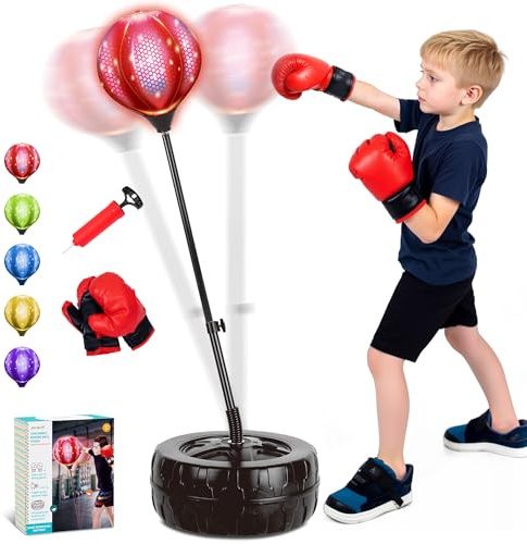 50 LED Punching Bag for Kids Ages 3-12, Height Adjustable Boxing Bag with Stand and Gloves, Light-Up Speed Bag for Training, Fitness, Stress Relief, Boys Girls Indoor Toy, Birthday
