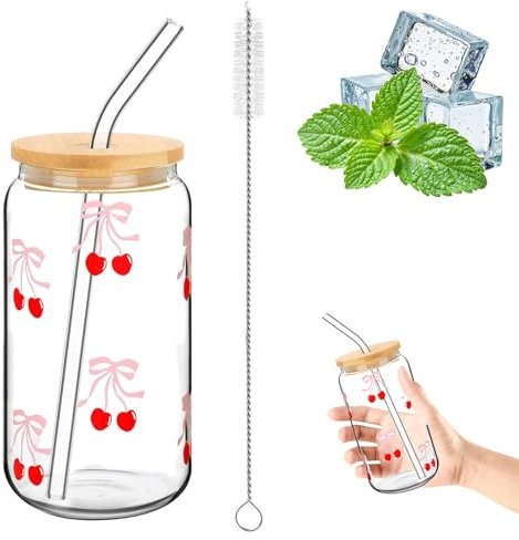 CUVZORA Gobelet en verre élégant de 16 oz avec couvercle et paille, design hermétique et étanche, polyvalent pour le café, les cocktails et plus encore (nœuds papillon et cerises)