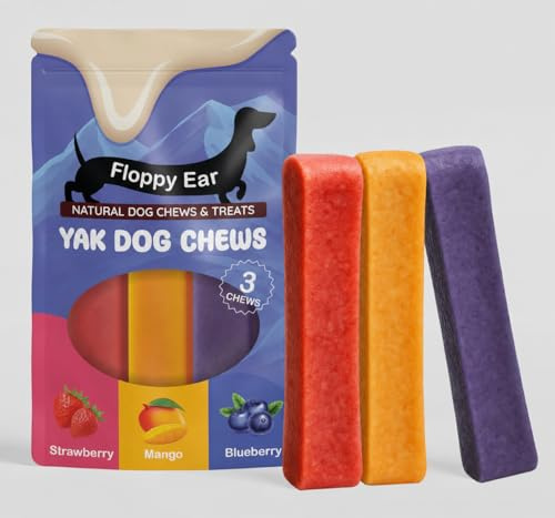 Himalayan Yak Chews for Dogs – Medium Size | 3 Flavours: Strawberry, Mango, Blueberry | Natural, Long-Lasting Dental Treats | Gluten-Free, No Rawhide | Floppy Ear Brand