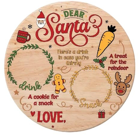 eBoutik - Wooden Christmas Eve Treat Plate for Santa, Sectioned Platter Board with Spaces for Milk, Mince Pies and Carrots (Round Xmas Eve)