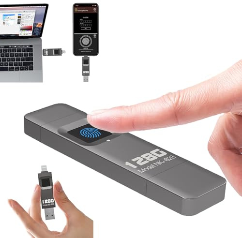 WhFKLca Clé USB 128 Go Cryptée par Empreinte Digitale, Transfert Ultra-Rapide, Compatible avec Téléphones/Ordinateurs/Pc/Portables, 60 Empreintes Digitales Autorisées