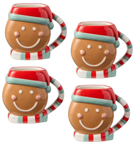 Christmas Whimsy Gingerbread 3-D Mugs Set of 4 – 18 oz. Holiday Cocoa Mugs with Sculpted Gingerbread Faces, Candy Cane Handles & Santa Hats – Ceramic Christmas Drinkware for Hot Beverages