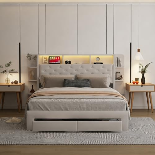 Polsterbett Doppelbett 160x200 cm mit Schubladen und Integriertem Nachttisch, Jugendbett mit USB und LED-Beleuchtung, Funktionsbett Bettgestell mit Lattenrost, Flanell (Weiß-Flanell, 160x200cm)